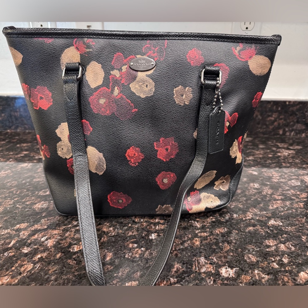 Coach Black and Red Floral Tote Bag